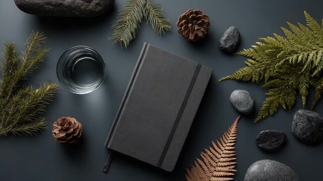 Ultra HD Flat lay of a notebook surrounded by natural elements on a dark surface video, Black notebook mockup video, Black notebook presentation video