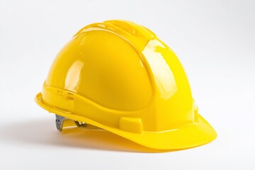 Fototapeta premium Bright Yellow Safety Helmet on White Background with Clean Reflection