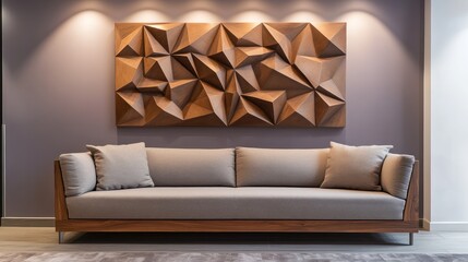 Modern beige sofa with geometric wood art in purple room