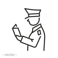 passport control icon, border control counter, customs officer checking passport, immigration service, thin line symbol on white background - editable stroke vector illustration eps10
