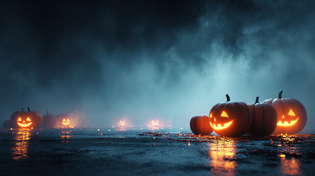 Glowing jack-o'-lanterns on dark wet ground with eerie foggy background