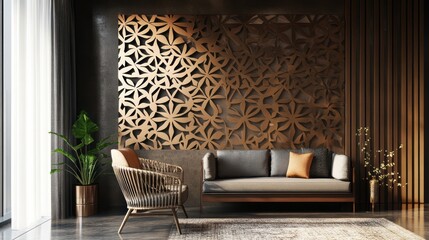 Modern living room with sofa, chair, geometric art piece, plant and natural light