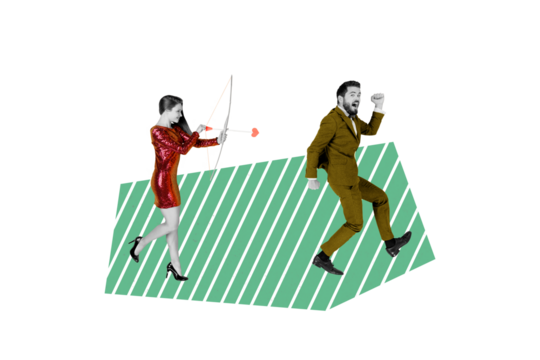 Composite sketch image design trend artwork collage of cupid young lady walk hold bow shooting arrow guy run suffer feeling valentine day