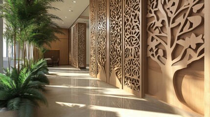 Corridor with decorative wood panels and green plants leading to a table for use in design