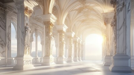 Sunlight shines through marble pillars in a palace hall. Background is a sky