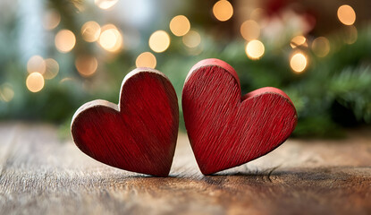 Fototapeta premium Two intertwined wooden hearts on a rustic table, symbolizing love and connection with a blurred festive background.