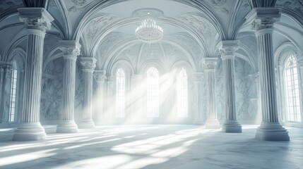 Grand hall with sun rays, high ceilings, pillars, used for royalty, interior design