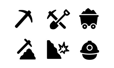 Fototapeta premium Mining icons set: tools, equipment, and symbols for industrial projects