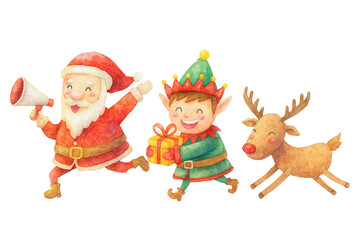 Watercolor Santa Claus with Reindeer and Elf &ndash; Christmas Celebration Scene