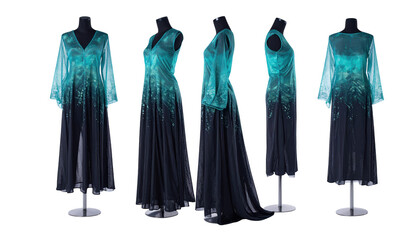 Elegant teal chiffon gown shimmering on display for fashion