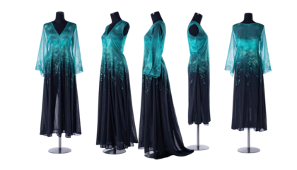 Elegant teal chiffon gown shimmering on display for fashion