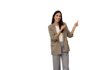 Confident businesswoman smiling and pointing right, presenting new ideas for success on transparent background