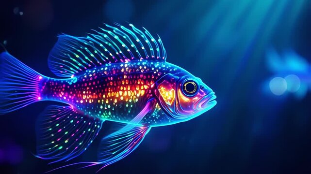 Vivid, glowing fish in vibrant colors against a dark background