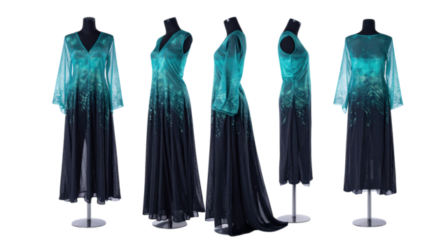 Elegant teal chiffon gown shimmering on display for fashion