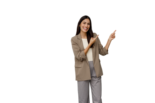 Confident businesswoman smiling and pointing right, presenting new ideas for success on transparent background - Powered by Adobe