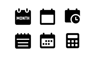 Set of minimalist black calendar and calculator icons on white background