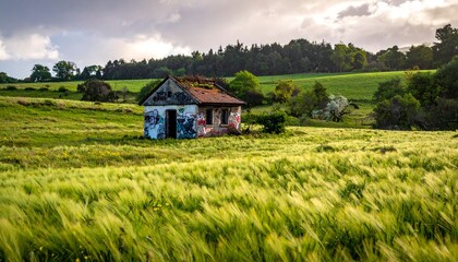 Obraz premium Derelict Country House with Street Art in a Lush Meadow, Urban Meets Nature