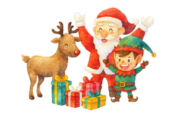 Watercolor Santa Claus with Reindeer and Elf &ndash; Christmas Celebration Scene