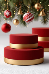 Cylindrical podium decorated with hanging ornaments, fir branches, candy canes and snowflakes. Classic Christmas scene. Mock up the pedestal.