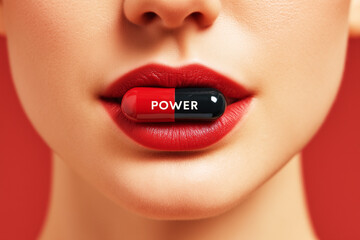 A large capsule with the inscription "Power" is clamped between the lips. The concept of energy, control, and leadership.