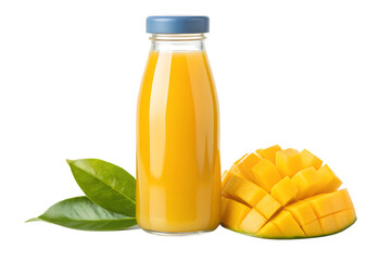 Bottle of mango juice with fresh mango and leaves isolated on white background