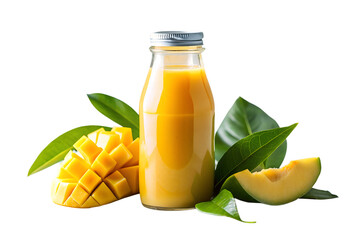 Fresh mango juice bottle with fruit isolated on white background