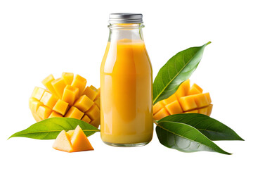 Fresh mango juice bottle with mango slices isolated on white background