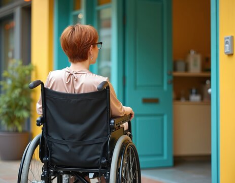 Woman in wheelchair faces inaccessible store entrance. She attempts to enter shop with steps. Urban barrier prevents entry. Mobility challenge needs inclusive design.