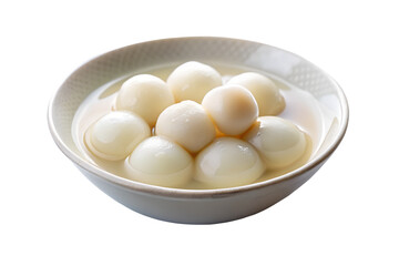 Bowl of white dumplings in liquid isolated on white background