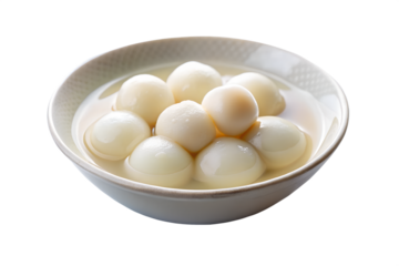 Bowl of white dumplings in liquid isolated on white background