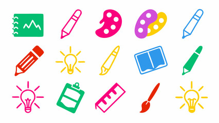 Flat vector illustration of colorful creativity-themed doodles. Features pencils, paintbrushes, color palettes, tablets, light bulbs, and sketch lines.