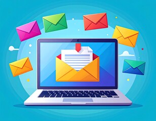 Colorful emails floating around a laptop screen