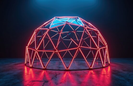 Futuristic geodesic dome glows with red neon lights in dark empty room. Abstract architectural structure with geometric pattern reflects blue light from above onto floor. Modern art installation for