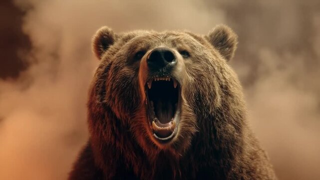 A brown bear roars with its mouth wide open, teeth bared, in a smoky outdoor scene.