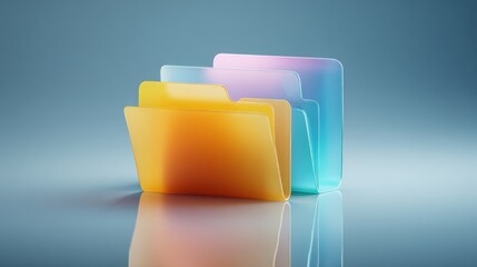 Translucent Folders Stacked in Gradient Hues with Reflective Surface