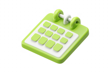 Green calendar with white binding isolated on a transparent background