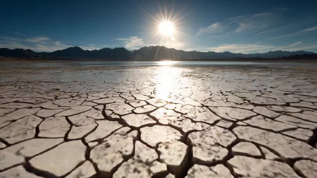 Ultra HD Dry lake bed with cracked earth, mountains, and a bright sun shining in the sky video, cracked agriculture field video, cracked land video