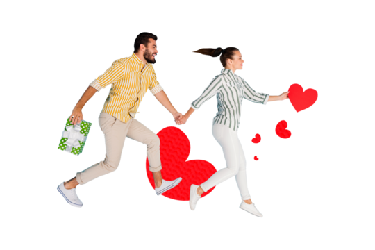 Composite photo collage of two happy girl guy run together hold valentine heart present romantic feelings isolated on painted background