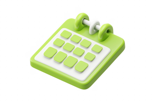 Green calendar with white binding isolated on a transparent background - Powered by Adobe