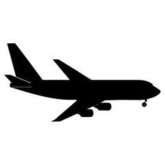 Silhouette of a large commercial passenger airplane in flight against a white background