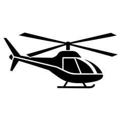 A simple black silhouette of a helicopter with rotor blades and tail rotor on a white background