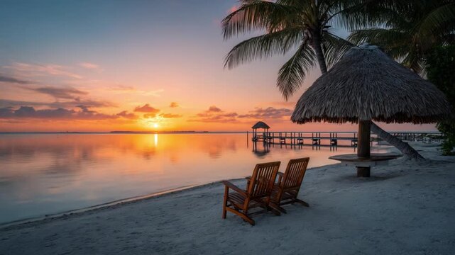 Tranquil Beach Sunrise: Two empty chairs face a serene beach, a thatched umbrella offers shade, and a wooden pier extends into calm waters as a breathtaking sunrise paints the sky with vibrant hues.
