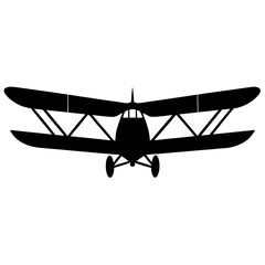 Silhouette of a classic biplane aircraft with two wings and wheels in flight against a white background