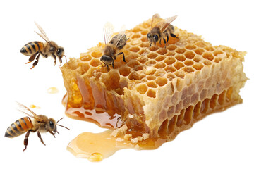 Honeybees and honeycomb isolated on white background