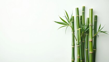 Fototapeta premium Green bamboo stalks grow tall and straight against a plain background. Their natural texture and vibrant green color create a calming, minimalist visual suitable for wellness or natural themes.