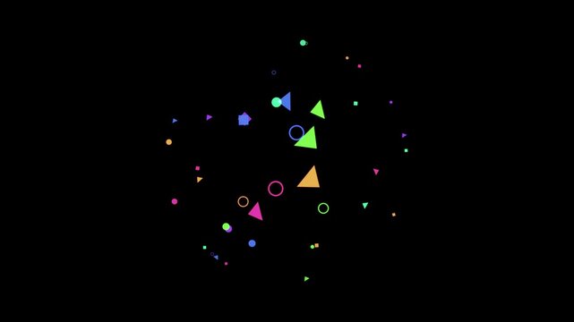 Colorful geometric shapes floating on a black background