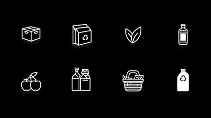 Fototapeta premium Minimalist White Icons of Grocery and Recycling Symbols on Black Background