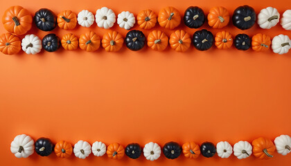 Doppia cornice a tema Halloween composta da file di mini-zucche decorative arancioni, nere e bianche su uno sfondo arancione brillante con spazio copia centrale.