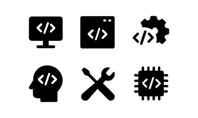 Coding symbols: silhouette icons of programming tools and interfaces