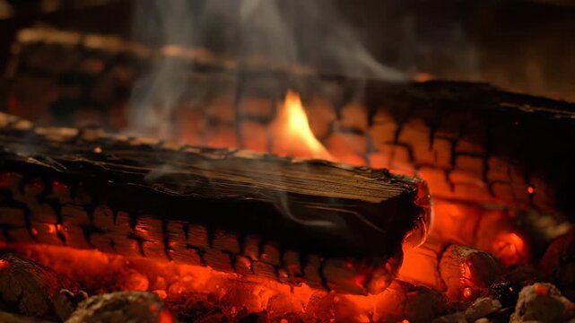 Embers glow brightly as a small wooden log slowly burns, with smoke curling hypnotically in slow motion calm, abstract, design